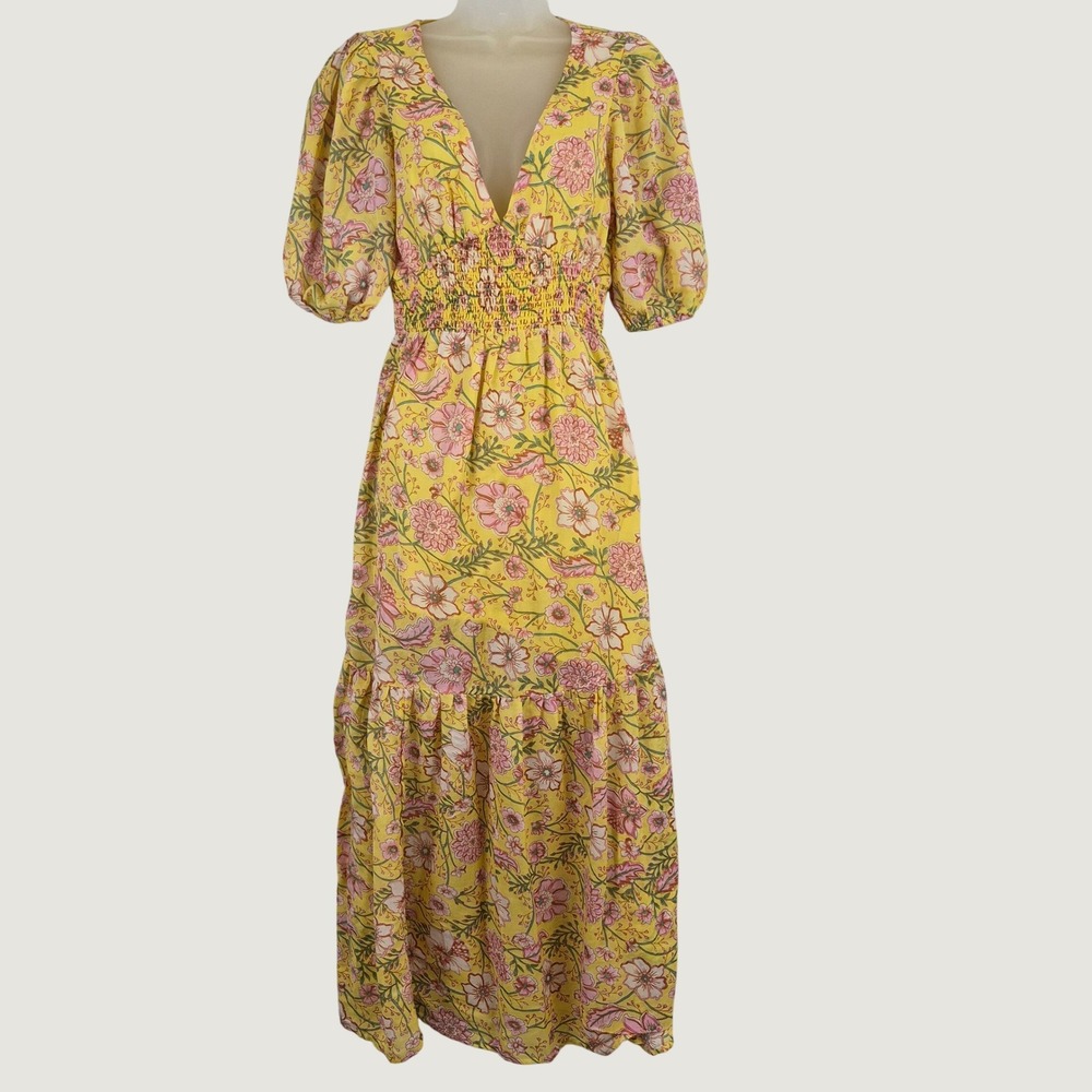 Billabong Yellow Floral Smocked Waist Tiered Maxi Dress XS Short Puff Sleeve